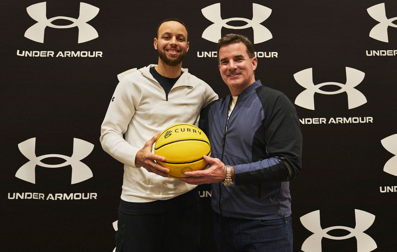 Stephen Curry and Kevin Plank ahead of the Warriors x Mavericks game in Dallas, Texas in 2023.