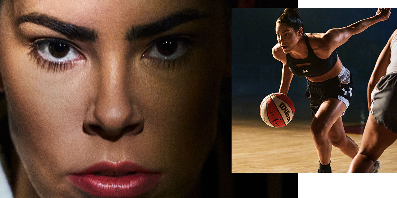 two photos - one of Kelsey Plum looking straight into the camera and one of Kelsey Plum bouncing a basketball