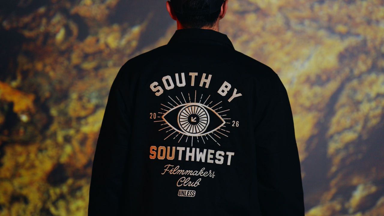 SXSW Film Maker Jacket on Model with Embroidered back