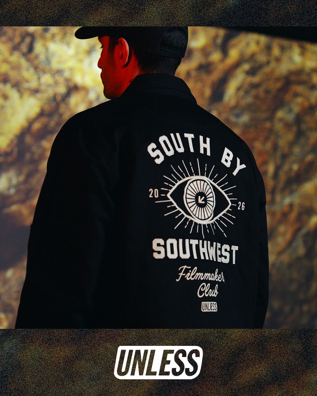 SXSW Jacket on Model with Embroidered back and Unless logo
