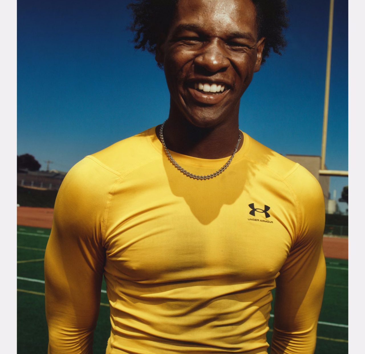 UA HeatGear® Men's Compression Long Sleeve in  HeatGear® HeatGear® HeatGear® HeatGear® HeatGear®Show previous slideShow next slide Athlete is 6'2" & wearing size LG  Shop the Outfit Product Colors Steeltown Gold 