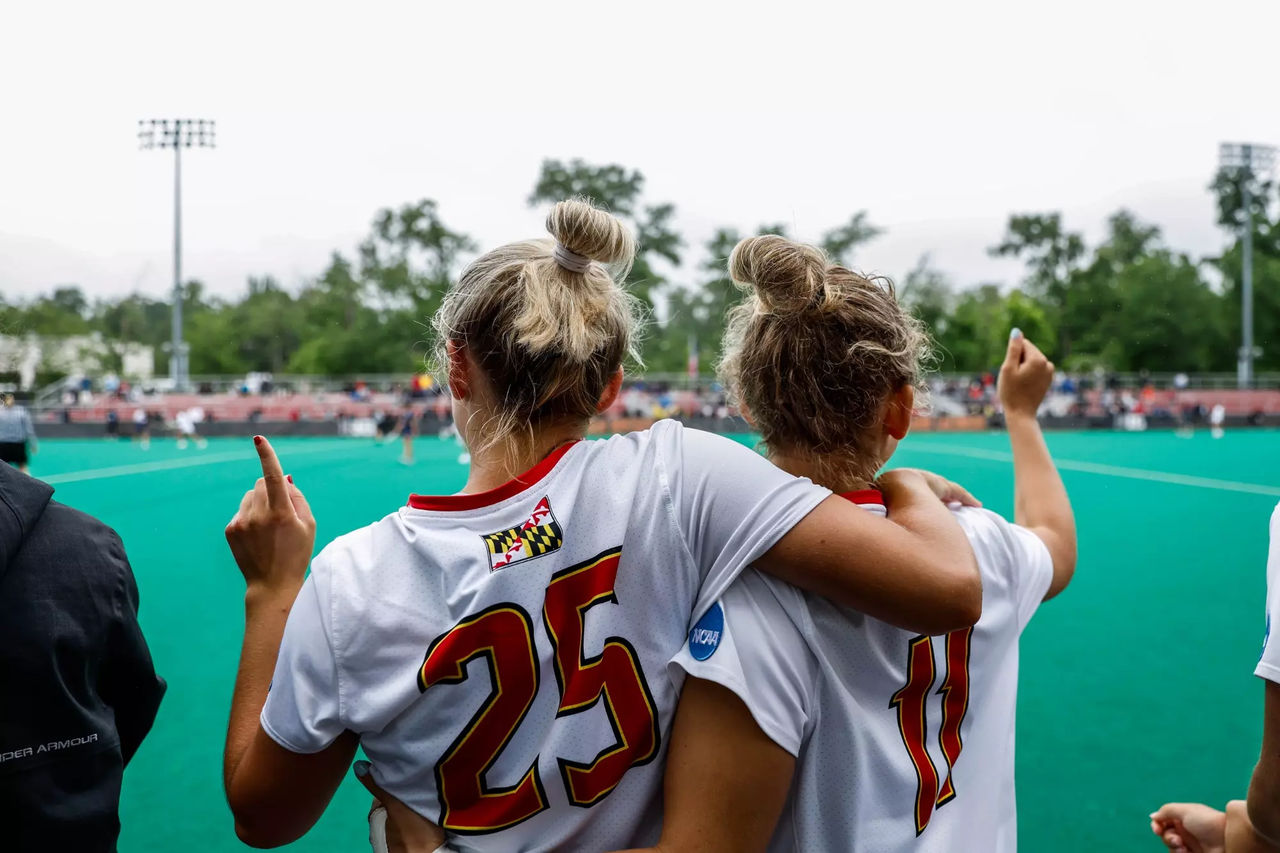 Defender Sophie Halus (25), Defender Aiden Peduzzi (11) Maryland Women’s Lacrosse vs. Robert Morris in Round 1 of the NCAA Tournament at The Field Hockey and Lacrosse Complex in College Park, Md. on Friday, May. 10, 2024. Brieanna Andrews/Maryland Terrapins
