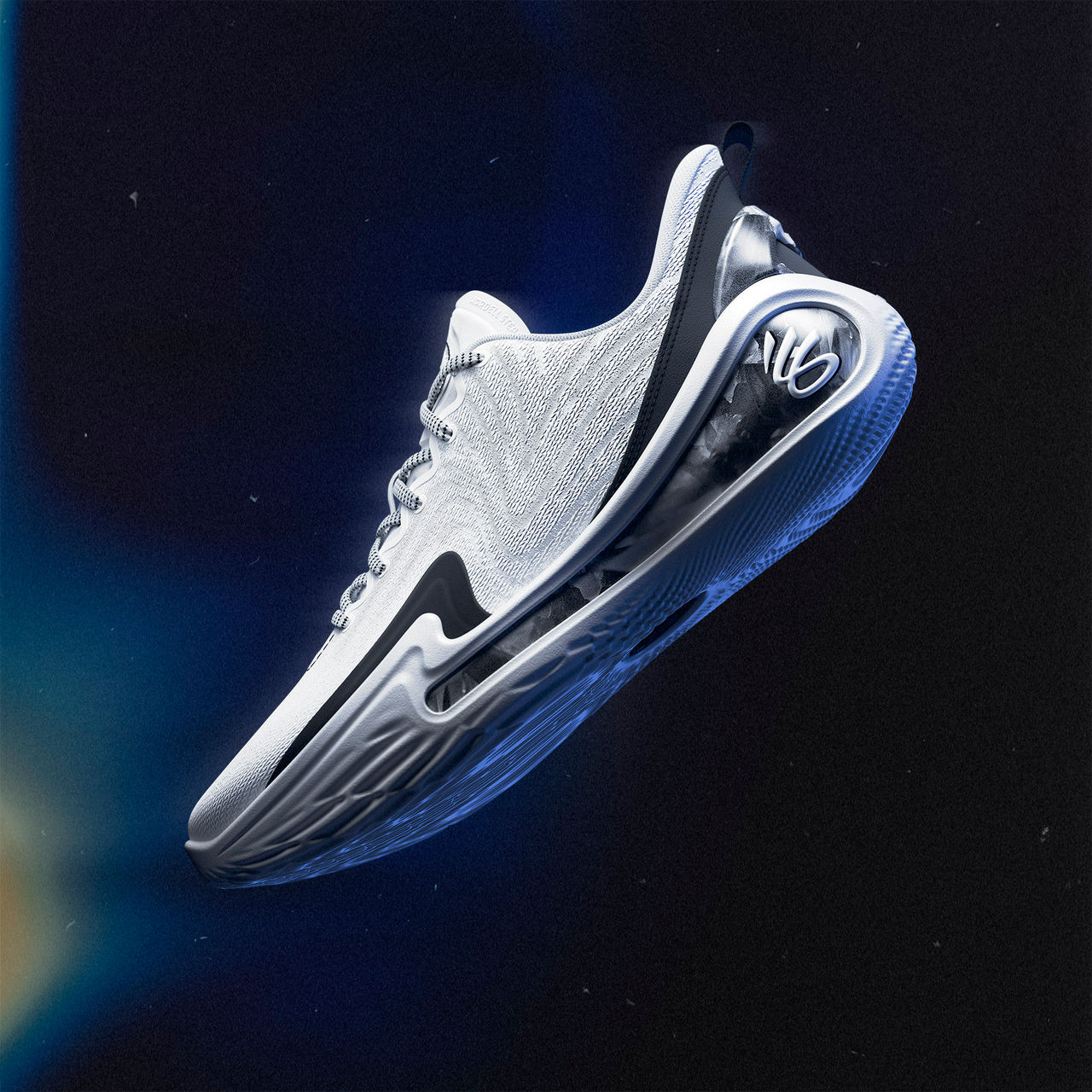 White sneaker floating against a black background